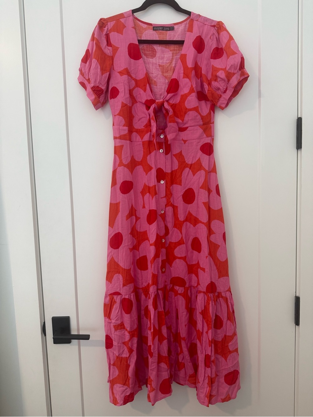 Mister Zimi Pink & Red Floral Tie-Front Maxi Dress